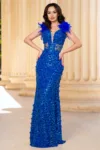 Rochie lunga albastra sirena Alejandra cu paiete si fluturi decorativi