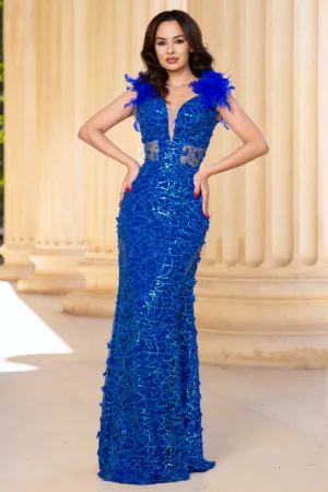 Rochie lunga albastra sirena Alejandra cu paiete si fluturi decorativi