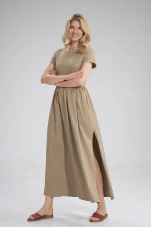 Rochie lunga - bej - cu fanta - bumbac