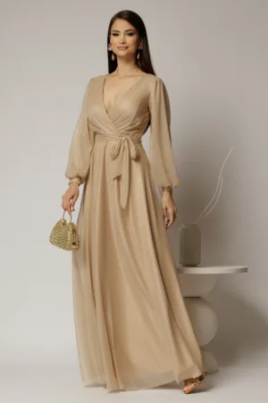 Rochie lunga bej cu glitter cu decolteu petrecut si cordon in talie