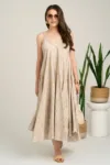 Rochie lunga bej din viscoza cu croi tip A si bretele subtiri