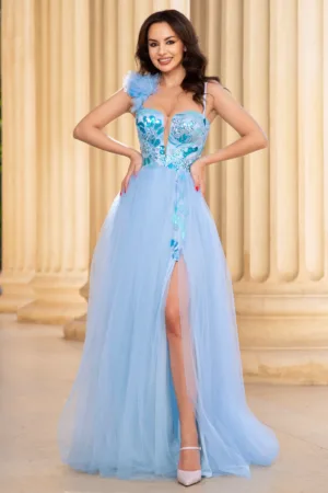 Rochie lunga bleu Palmira cu fusta din tulle si bust brodat