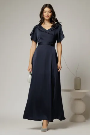Rochie lunga bleumarin de ocazie din voal
