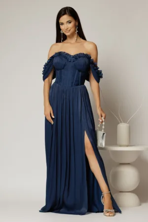 Rochie lunga bleumarin de ocazie din voal peliculizat cu bust tip corset