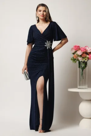 Rochie lunga bleumarin din lurex cu floare in talie si croi mulat