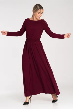 Rochie lunga bordeaux - cu maneci lungi - talie elastica - poliester