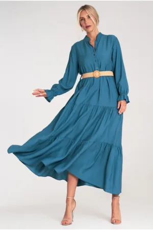 Rochie lunga casual cu volane - albastra - material usor -