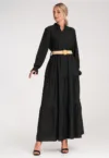 Rochie lunga casual  cu volane - neagra - cu curea -