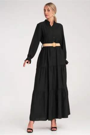 Rochie lunga casual cu volane - neagra - cu curea -