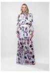 Rochie lunga cu guler inalt si imprimeu floral pictural