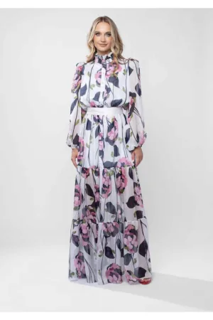 Rochie lunga cu guler inalt si imprimeu floral pictural