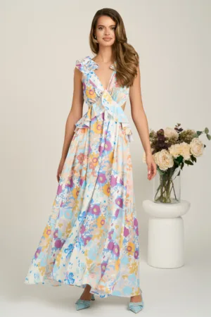 Rochie lunga cu imprimeu bleu si mov din voal in clos cu spatele gol si volanase