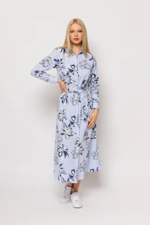 Rochie lunga cu imprimeu floral - Albastru pastel - Negru - Alb optic -
