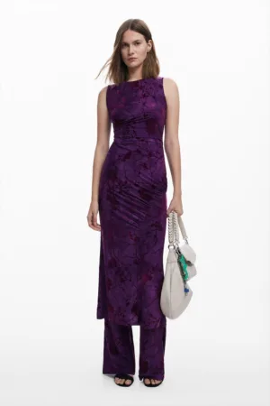 Rochie lunga cu model floral si fronseuri