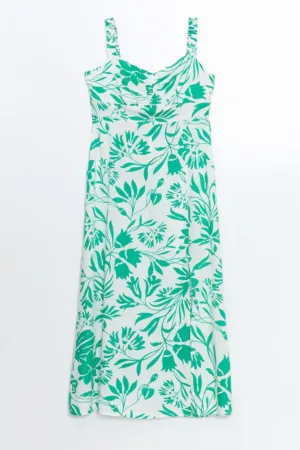 Rochie lunga cu model floral si slit lateral
