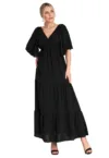 Rochie lunga cu volane -  neagra - poliester -