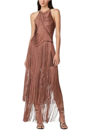 Rochie lunga de ocazie - cu franjuri - cu o croiala drapata - realizata pe o baza de bandaj care sculpteaza si modeleaza corpul