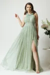 Rochie lunga de ocazie din dantela verde mint cu glitter