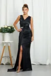 Rochie lunga de ocazie din licra satinat Reina Neagra