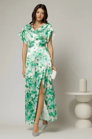Rochie lunga de ocazie din satin cu imprimeuri verzi