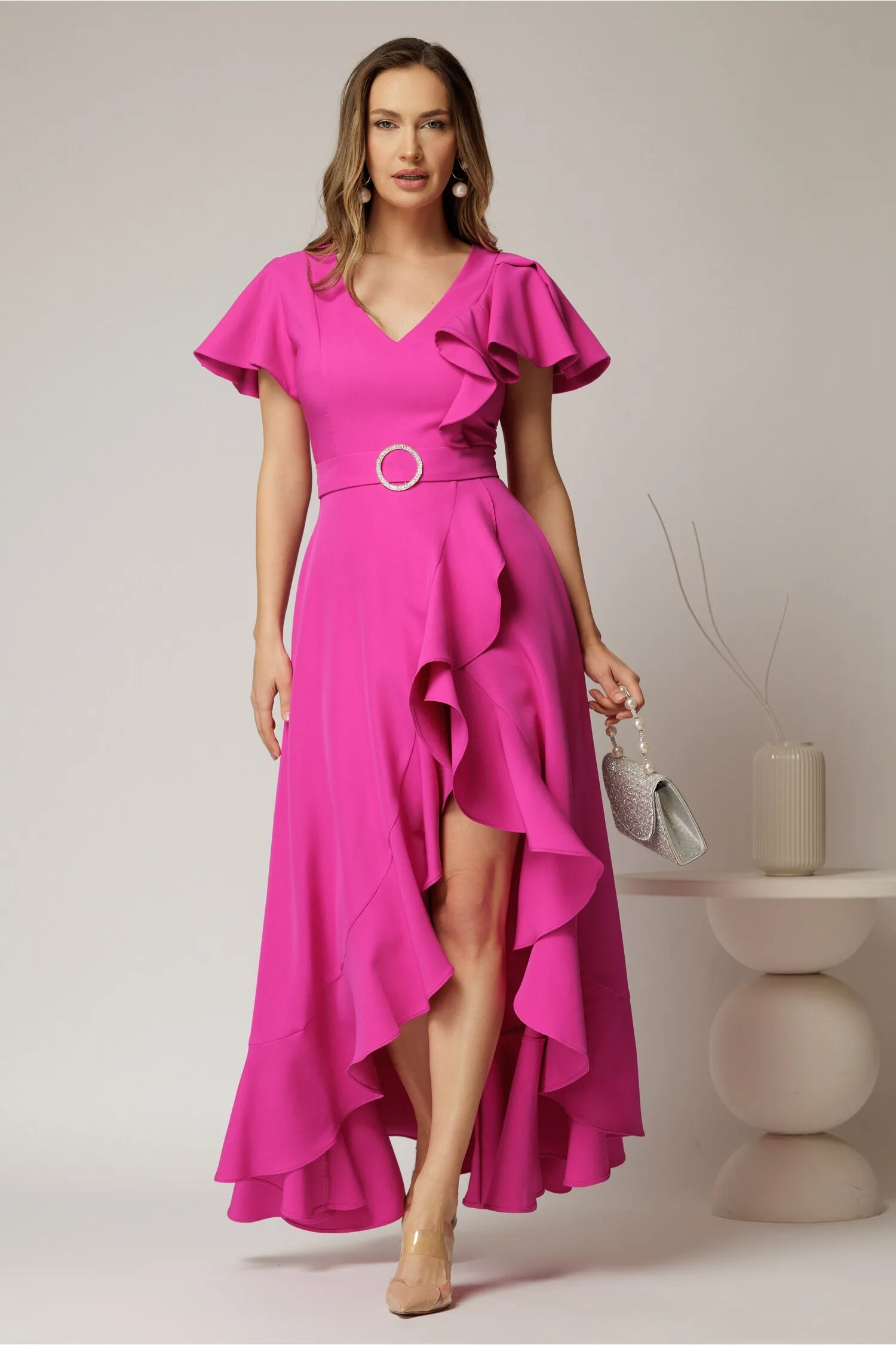 Rochie lunga de ocazie din stofa magenta cu volane si cordon in talie