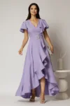 Rochie lunga de ocazie din stofa lila cu volane si cordon in talie