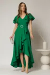 Rochie lunga de ocazie din stofa verde cu volane si cordon in talie