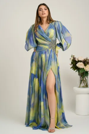 Rochie lunga de ocazie din voal albastra cu imprimeuri verde neon si strasuri in talie