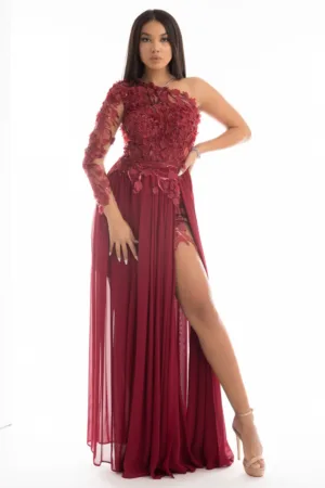 Rochie lunga de ocazie din voal cu partea superioara lucrata manual din broderie cu flori 3D