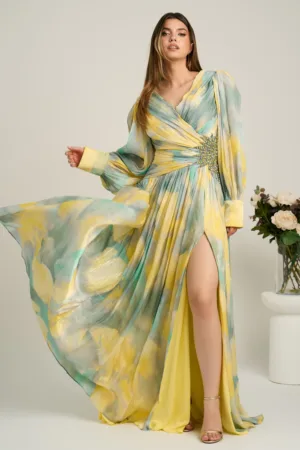 Rochie lunga de ocazie din voal galbena cu imprimeuri verde mint si strasuri in talie