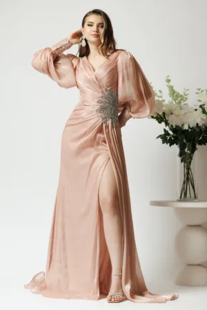 Rochie lunga de ocazie din voal rose cu strasuri in talie