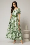 Rochie lunga de ocazie ivoar cu imprimeuri verde crud
