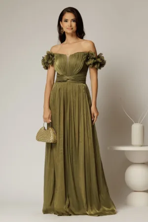 Rochie lunga de ocazie olive din voal peliculizat cu aplicatii florale 3D