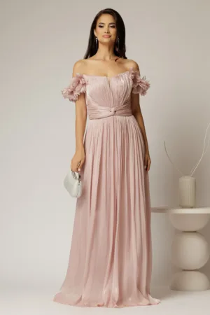 Rochie lunga de ocazie roz prafuit din voal peliculizat cu aplicatii florale 3D