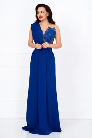Rochie lunga de seara Gilda albastra cu fronseuri si bust brodat
