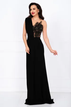 Rochie lunga de seara Gilda neagra cu fronseuri si bust brodat