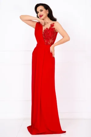 Rochie lunga de seara Gilda rosie cu fronseuri si bust brodat