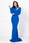 Rochie lunga de seara albastra tip sirena cu decupaj in zona bustului
