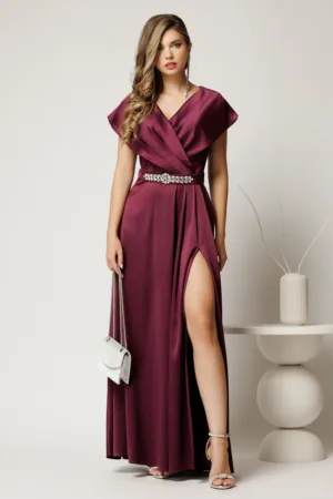 Rochie lunga de seara din tafta mov pruna cu accesoriu pe talie