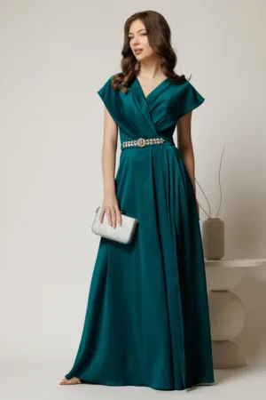 Rochie lunga de seara din tafta verde cu accesoriu pe talie
