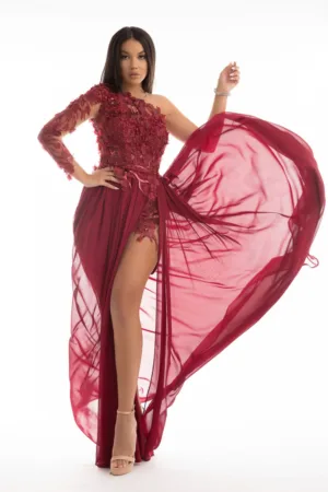 Rochie lunga de seara din voal si aplicatie de broderie 3D