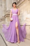 Rochie lunga de seara lila Petronela decorata cu banda din fulgi