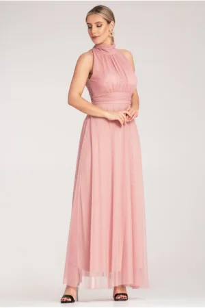 Rochie lunga de seara - roz - material usor - poliester -