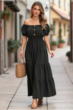Rochie lunga de vara - cu volane - neagra - poliester -