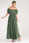 Rochie lunga de vara -  verde - cu volane - poliester -