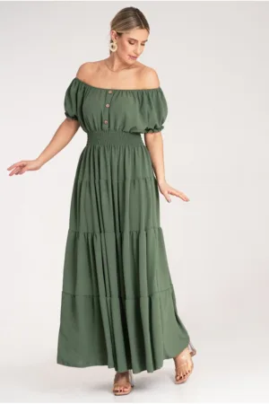 Rochie lunga de vara - verde - cu volane - poliester -