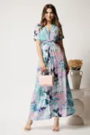 Rochie lunga de zi turcoaz din viscoza cu imprimeu lila si nod in talie