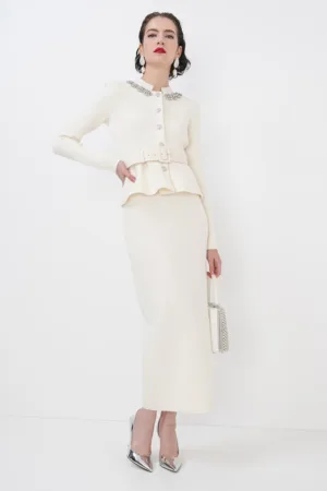 Rochie lunga din amestec de lana cu cristale decorative