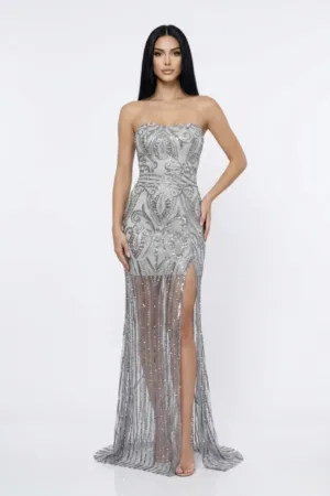 Rochie lunga din broderie gri cu slit pe picior si bust tip corset