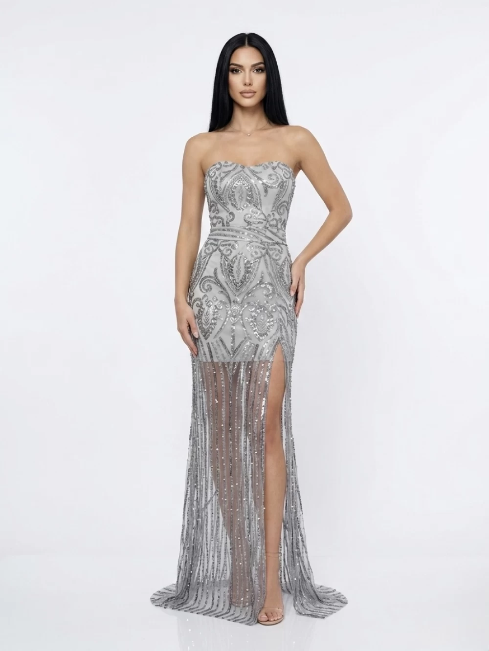 Rochie lunga din broderie gri cu slit pe picior si bust tip corset